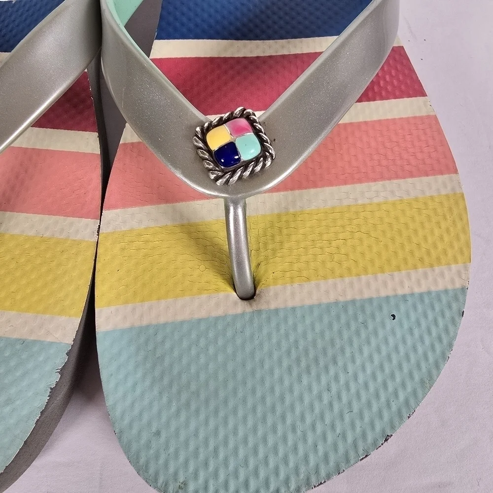 Brighton Colorful Striped Flip Flops With Gems On Top Of Sandals Size 10 Summer